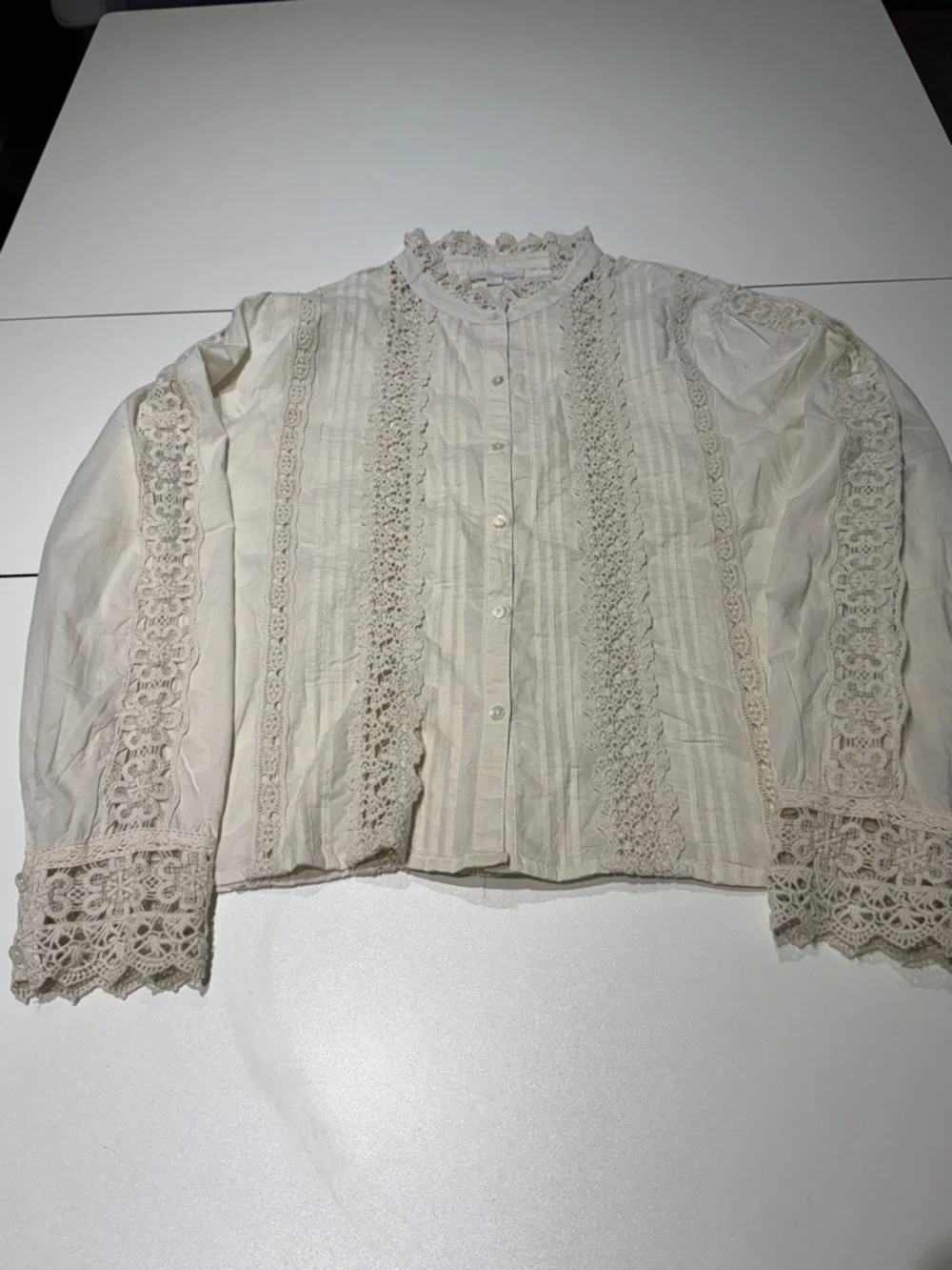 Ivory Lace-Trim Button Front Blouse L - Picture 1 of 4